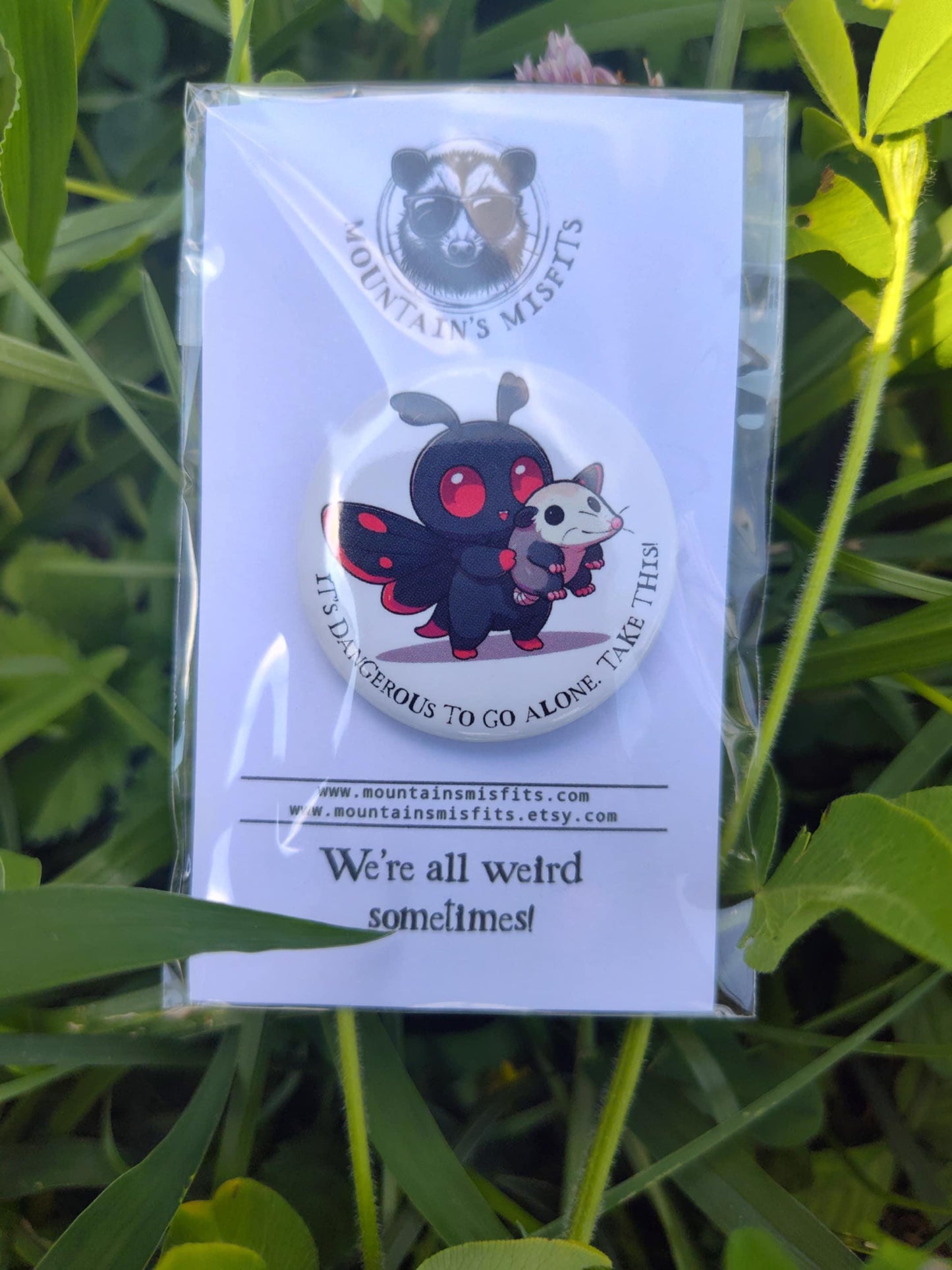 Mothman It's Dangerous Pin: Mothman Opossum Button Pin