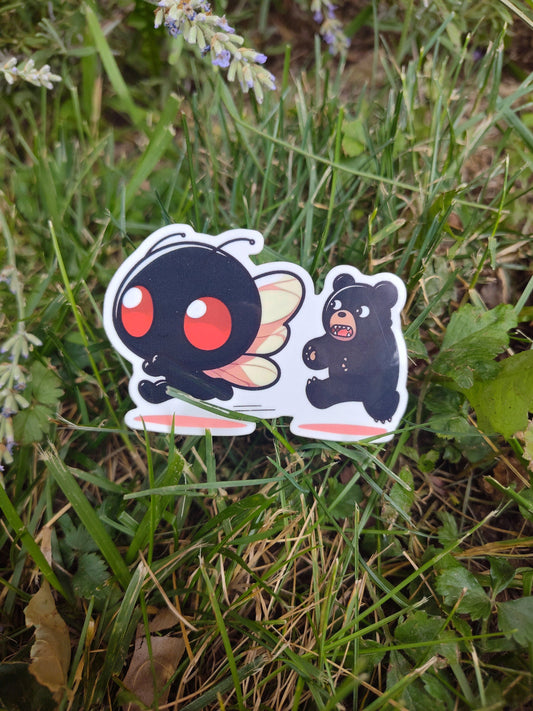 Mothman Running From Bear Sticker