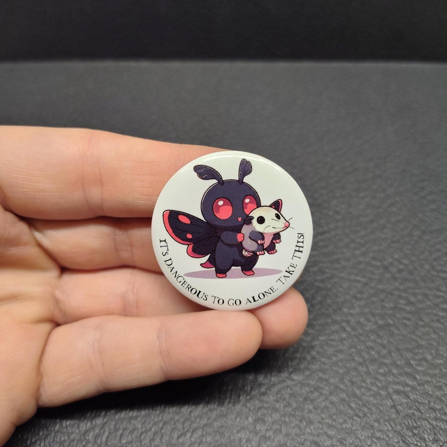 Mothman It's Dangerous Pin: Mothman Opossum Button Pin